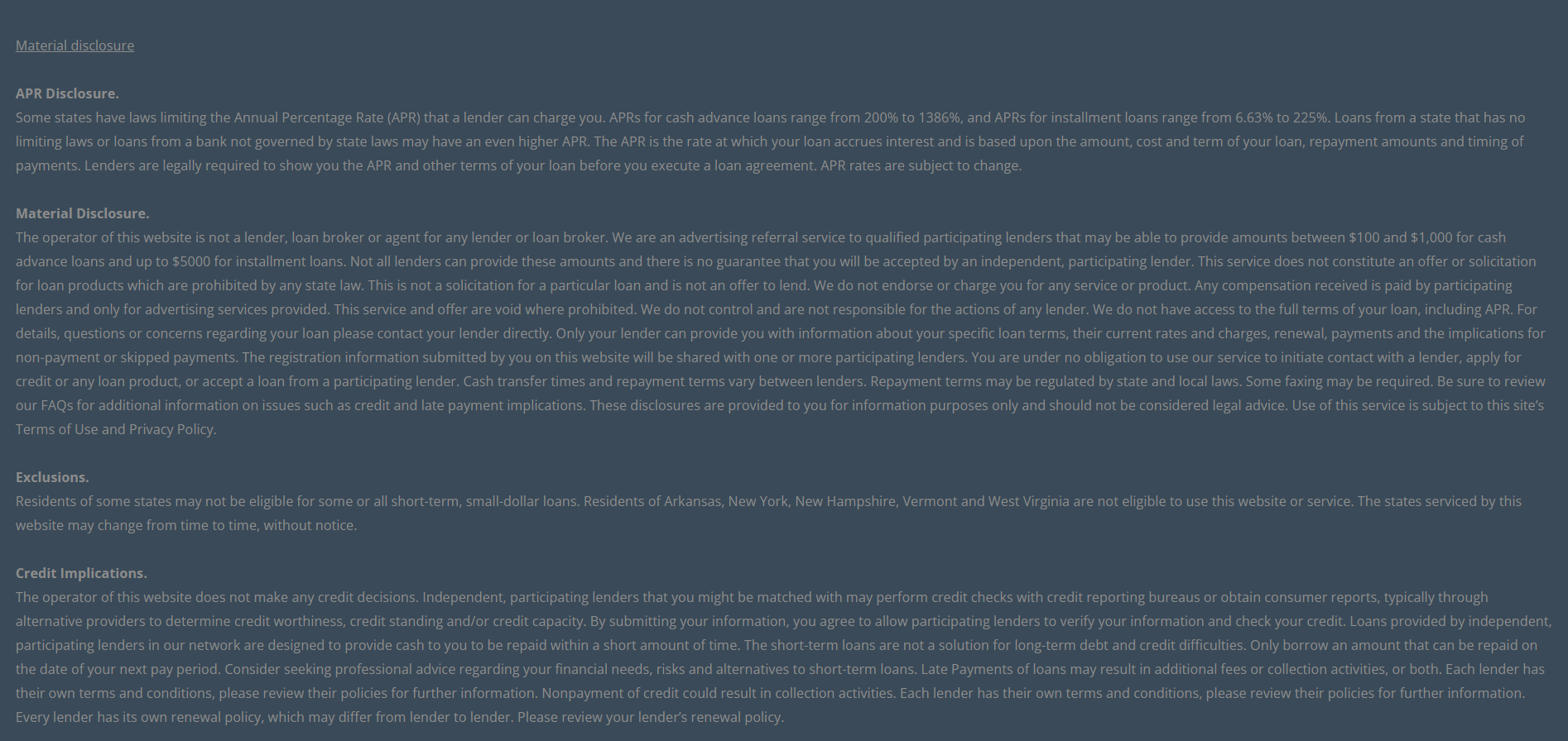 Material disclosure for payday loans in Broken Arrow Oklahoma